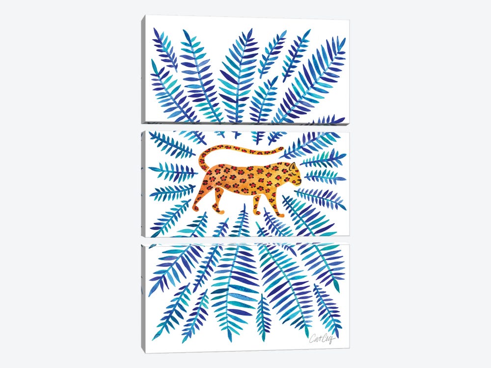 Jaguar, Blue Leaves by Cat Coquillette 3-piece Canvas Art Print