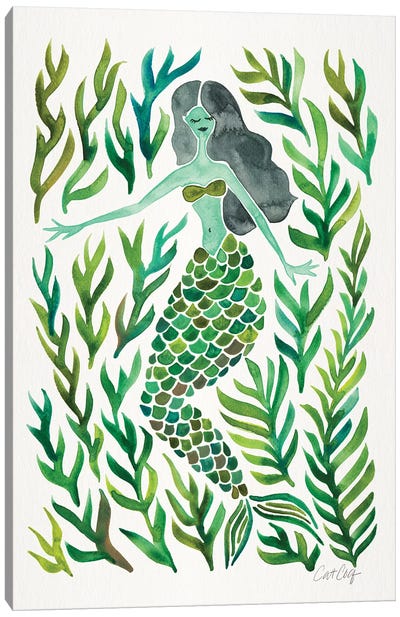 Kelp Forest Mermaid, Green Canvas Art Print - Cat Coquillette