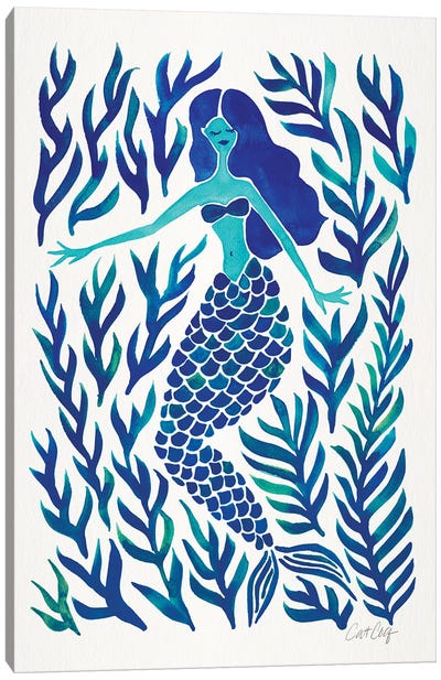 Kelp Forest Mermaid, Navy Canvas Art Print - Mermaid Art