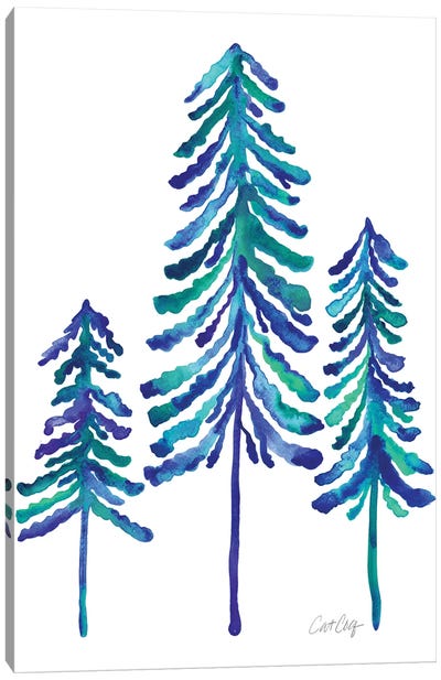 Pine Trees, Blue Canvas Art Print - Royal Blue & Silver