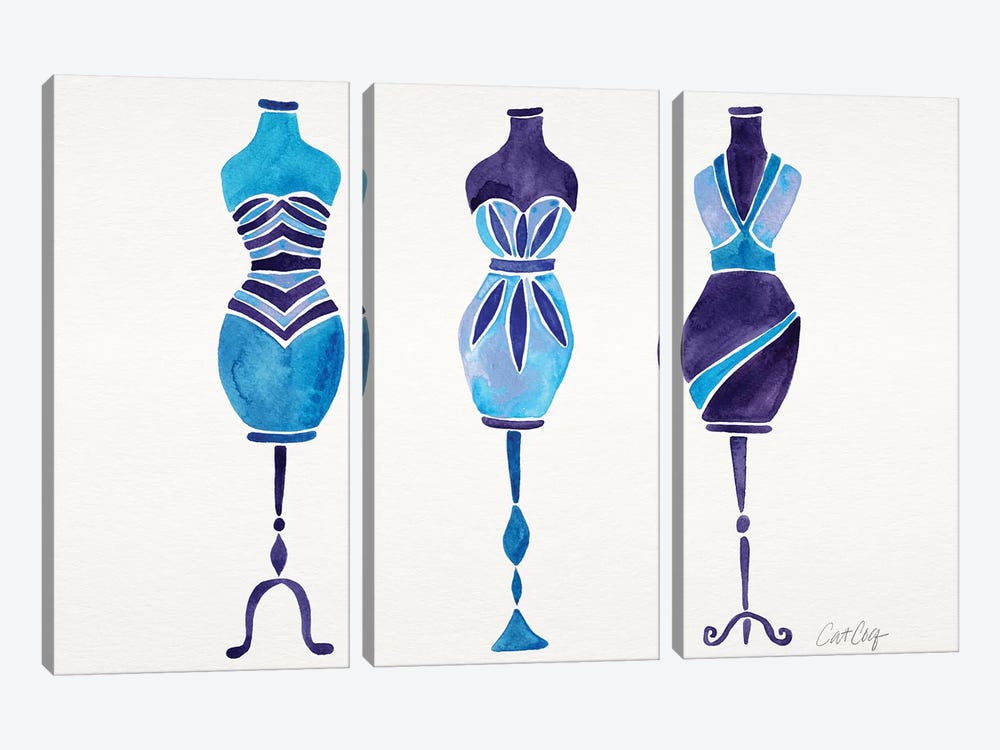 Blue 3 Dresses by Cat Coquillette 3-piece Canvas Art