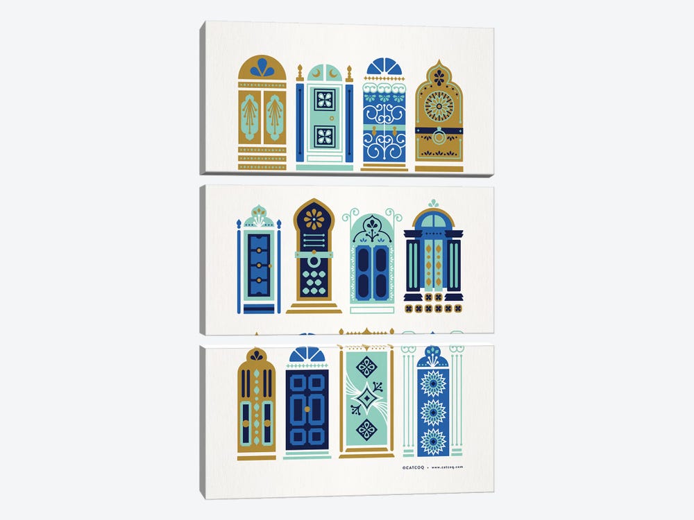 Blue Tan Doors by Cat Coquillette 3-piece Canvas Print