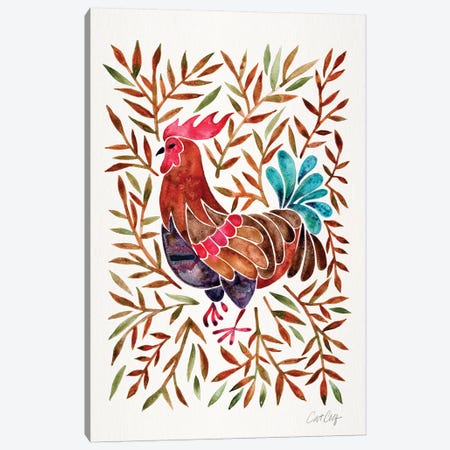 Brown Leaves Rooster Canvas Print #CCE351} by Cat Coquillette Art Print