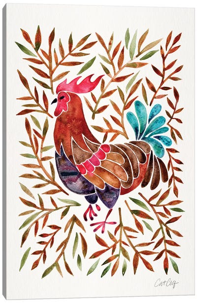 Brown Leaves Rooster Canvas Art Print - Cat Coquillette