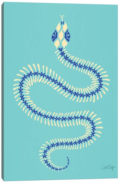 Cream & Blue Snake Skeleton Canvas Art Print - Snake Art