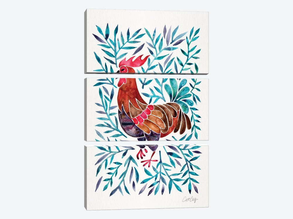 Green Leaves Rooster by Cat Coquillette 3-piece Canvas Art