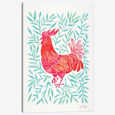 Mint & Red Rooster Canvas Print #CCE392} by Cat Coquillette Art Print