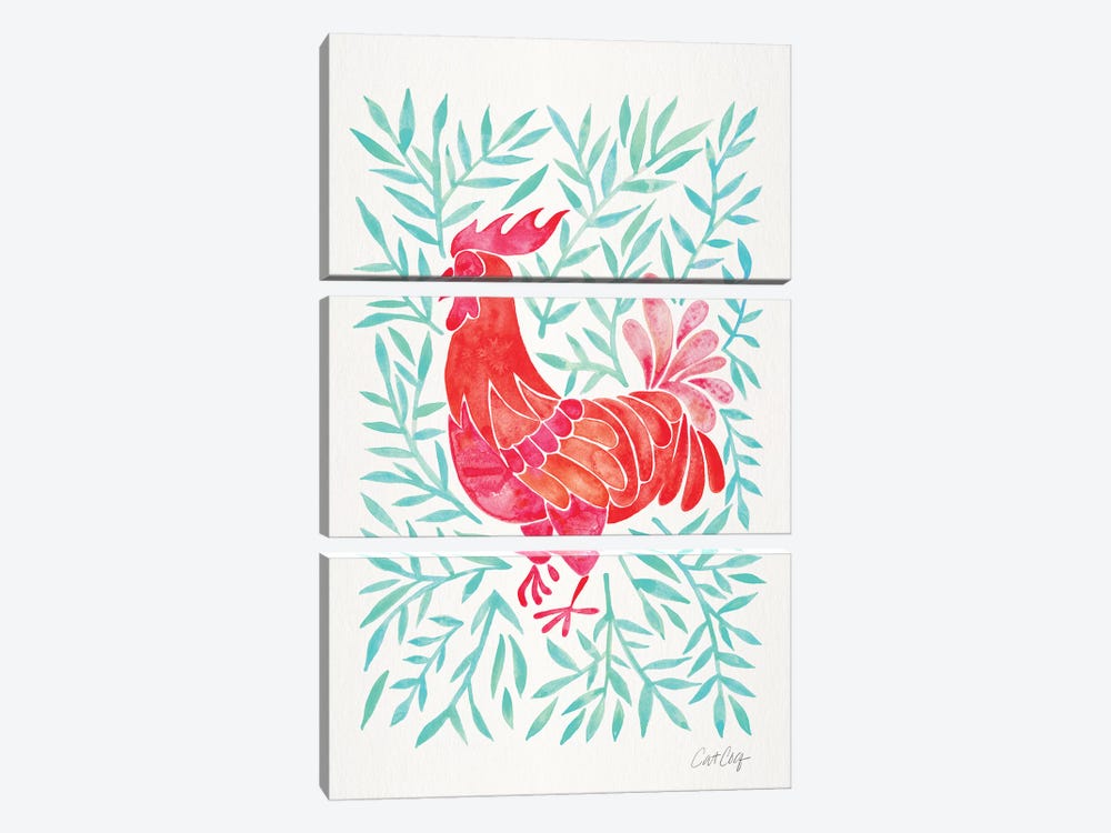 Mint & Red Rooster by Cat Coquillette 3-piece Canvas Print