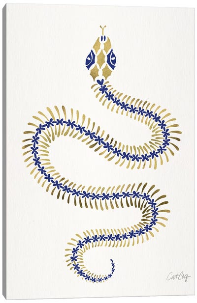 Navy Gold Snake Skeleton Canvas Art Print - Reptile & Amphibian Art