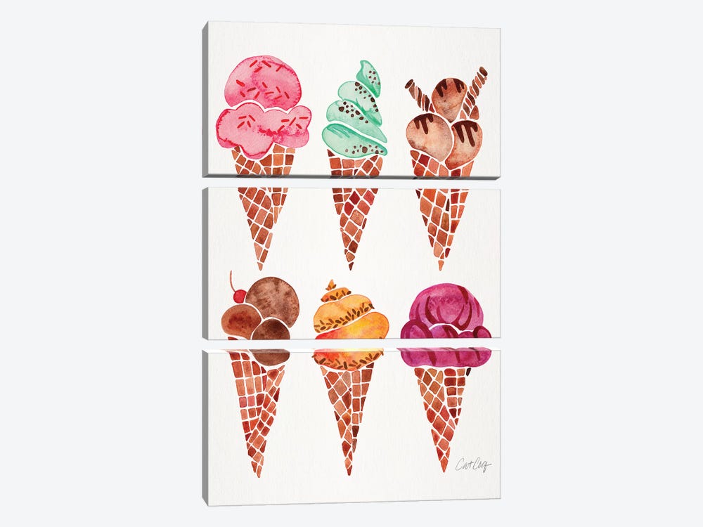 Rainbow Ice Cream Cones by Cat Coquillette 3-piece Canvas Art Print
