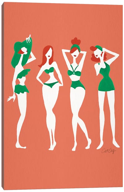 Redheads On Coral Beach Bombshells Canvas Art Print - Women's Swimsuit & Bikini Art