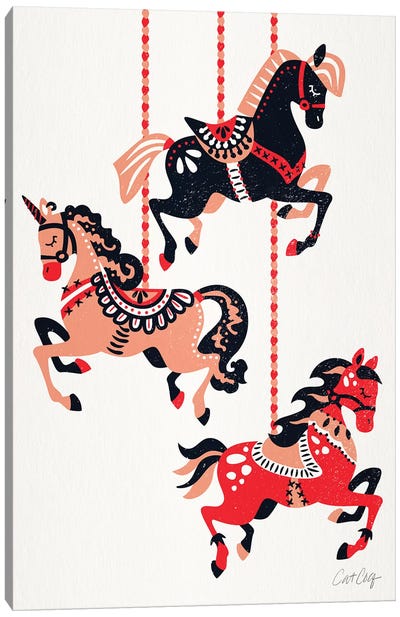 Red Black - Carousel Horses Canvas Art Print - Carousels