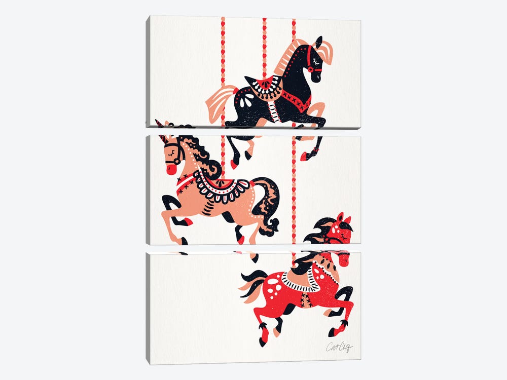 Red Black - Carousel Horses by Cat Coquillette 3-piece Canvas Art Print