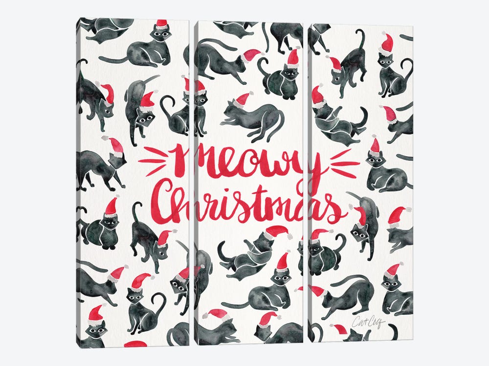 Red Type - Meowy Christmas by Cat Coquillette 3-piece Canvas Artwork