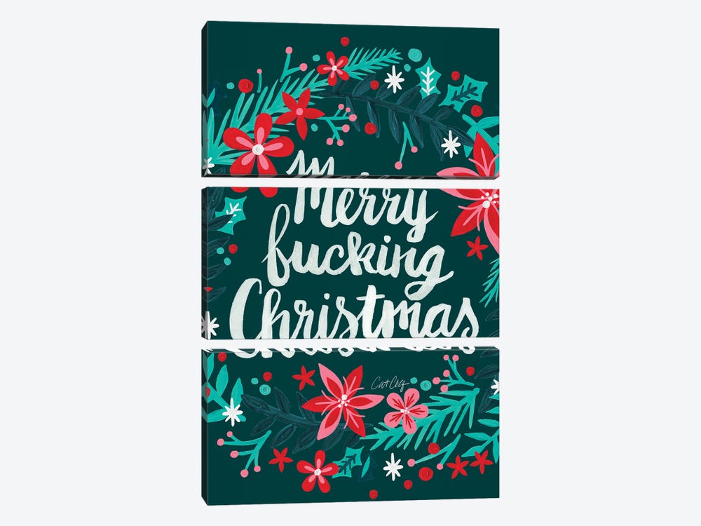 Merry Fucking Christmas Teal by Cat Coquillette 3-piece Art Print