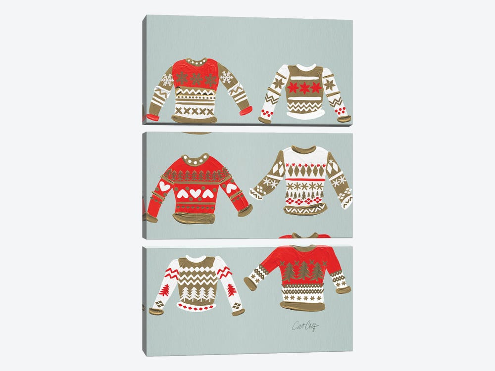 Christmas Sweaters Gold & Red by Cat Coquillette 3-piece Canvas Print