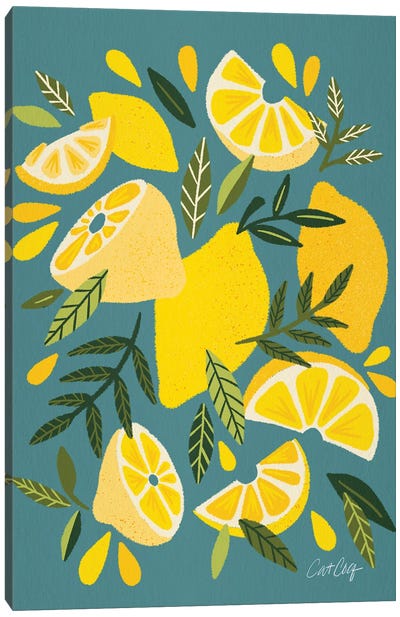 Lemon Blooms Blue Canvas Art Print - Large Art for Kitchen