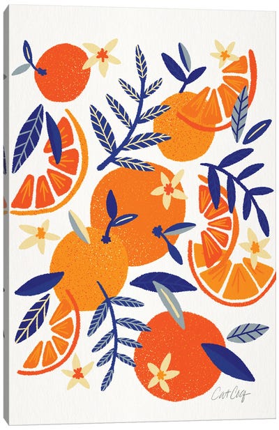 Orange Blooms Navy Canvas Art Print - Charming Blue