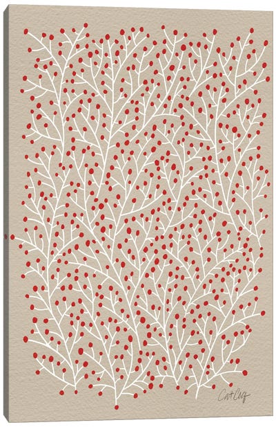 Berry Branches Red Tan Canvas Art Print - Floral & Botanical Patterns