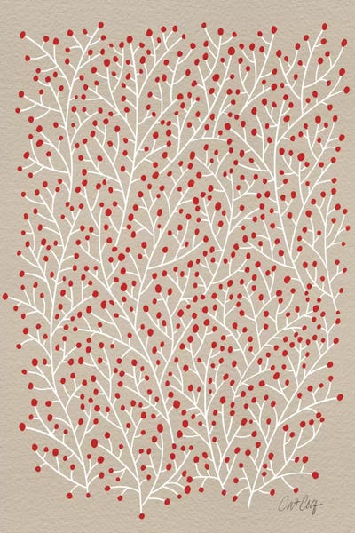 Floral & Botanical Patterns: Berry Branches Red Tan by Cat Coquillette