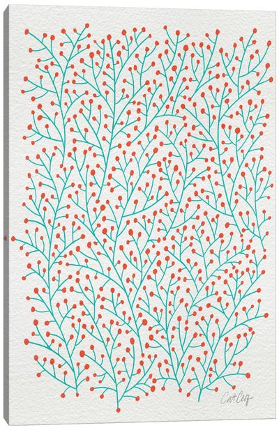 Berry Branches Red Turquoise Canvas Art Print - Floral & Botanical Patterns