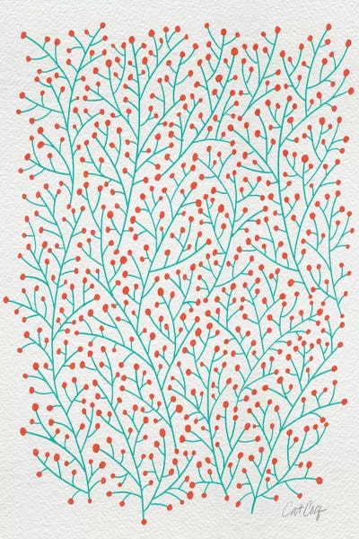 Floral & Botanical Patterns: Berry Branches Red Turquoise by Cat Coquillette