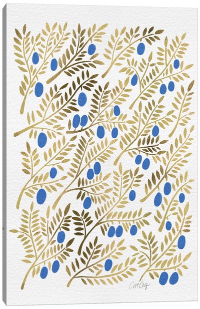 Blue Gold Olive Branches Canvas Art Print - Olive Tree Art