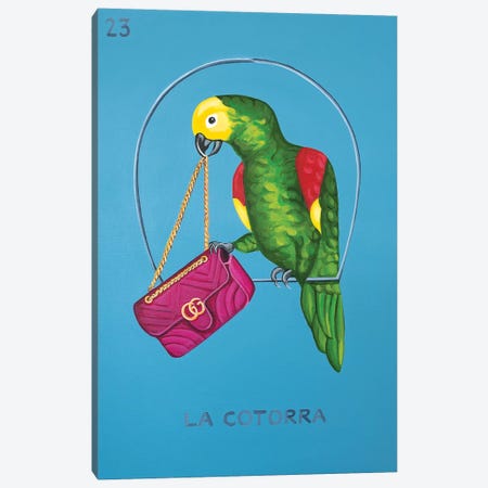 The Parrot with Gucci Bag Canvas Print #CCG16} by CeCe Guidi Canvas Artwork