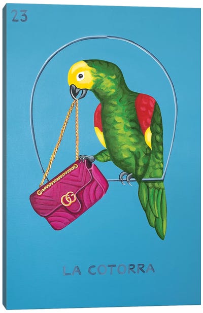 The Parrot with Gucci Bag Canvas Art Print - Parrot Art