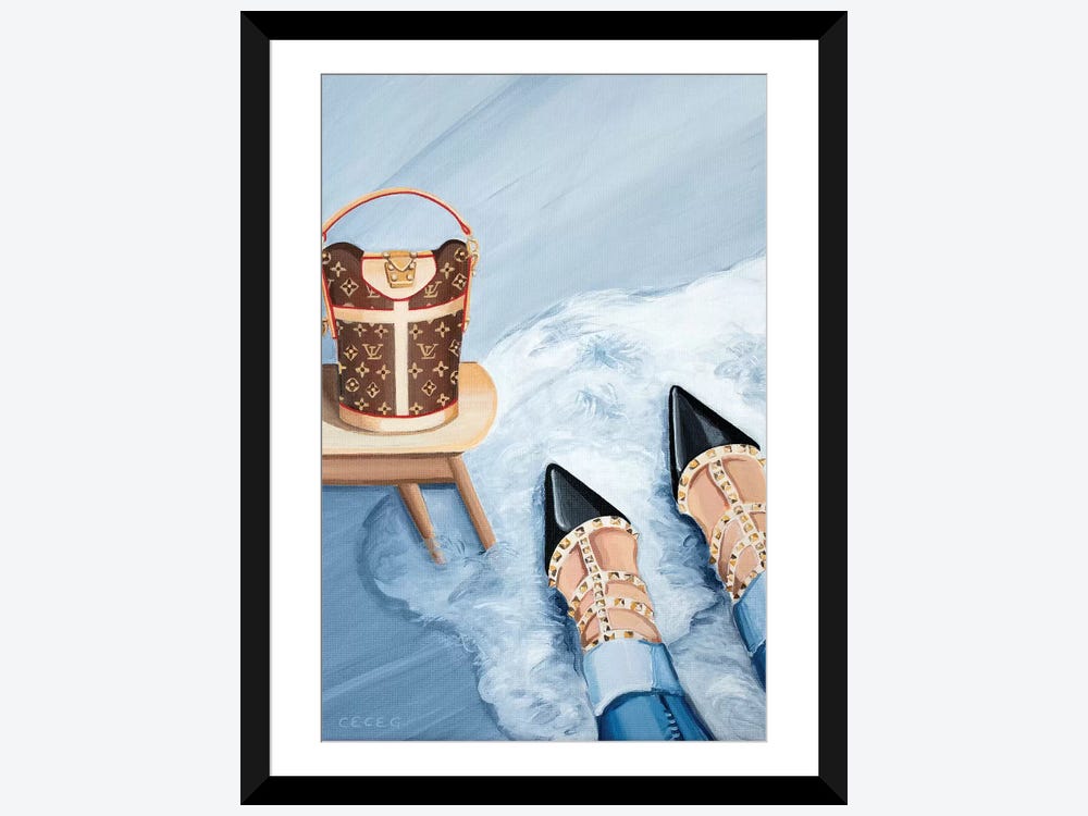 Louis Vuitton Monogram Bag & Valentino Heels by Cece Guidi - Graphic Art Print East Urban Home Mat Color: No Mat, Format: Dark Rustic Wood Framed Canv