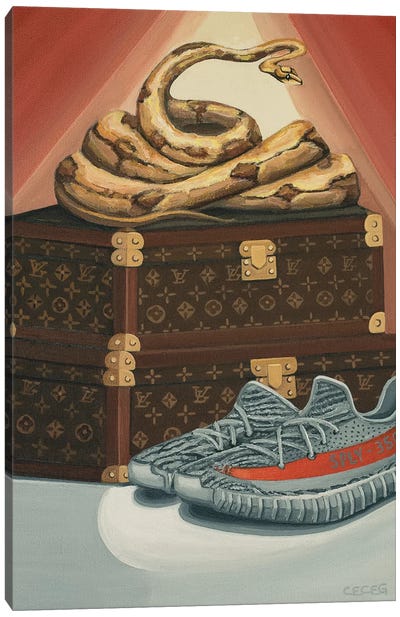 Python Snake On Louis Vuitton Trunks And Yeezys Canvas Art Print - Shoe Art