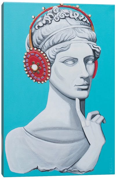 Greco Roman Head With Headphones Canvas Art Print - Modern Muses & Statues