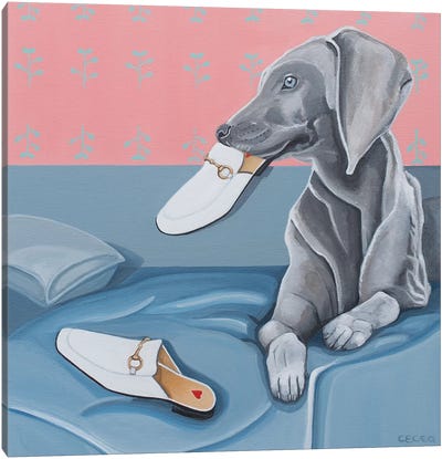 Dog & Gucci Slippers Canvas Art Print - Weimaraner Art