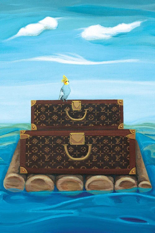Louis Vuitton Trunks Floating on A Raft - Canvas Print Wall Art by Cece Guidi ( Animals > Birds > Cockatoos art) - 12x8 in