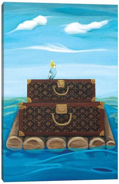Louis Vuitton Trunks Floating On A Raft Canvas Art Print - Cockatoos