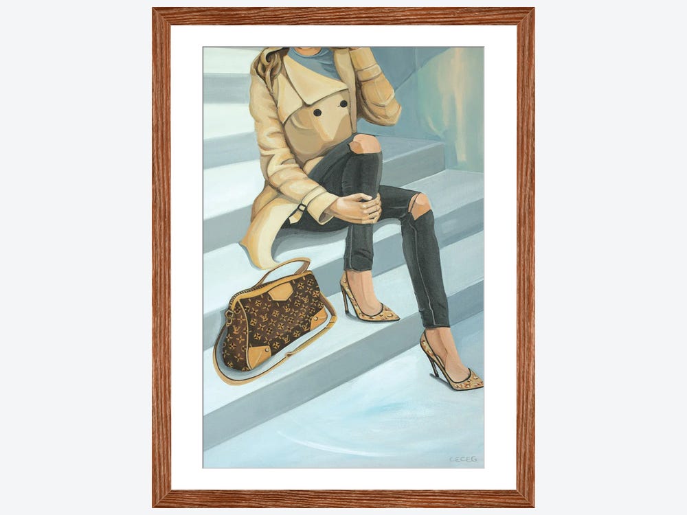 Framed Canvas Art (Gold Floating Frame) - Woman with LV Supreme Logo Towel by Cece Guidi ( Fashion > Supreme art) - 26x18 in