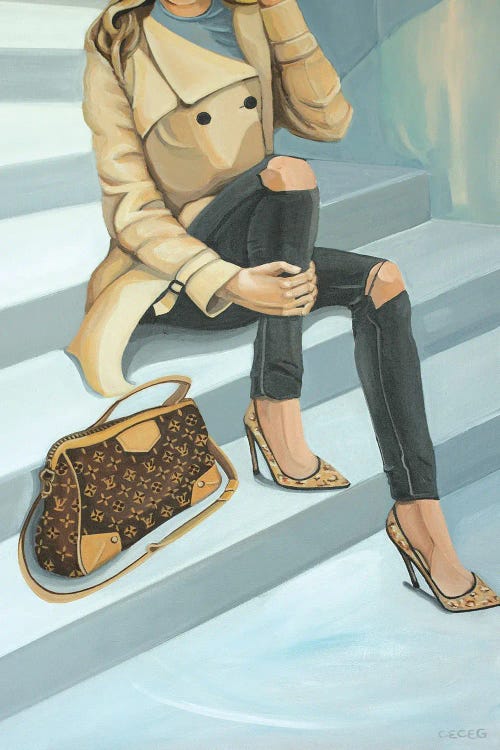 Woman Sitting On Stairs With Louis Vuitton Bag