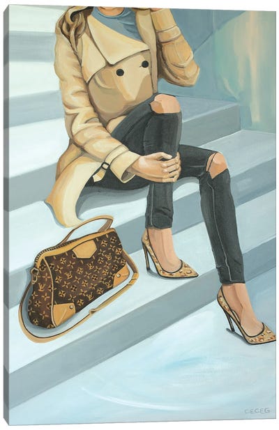 Woman Sitting On Stairs With Louis Vuitton Bag Canvas Art Print - Bag & Purse Art