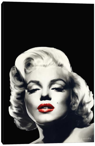 Red Lips Marilyn In Black Canvas Art Print - Black, White & Red Art