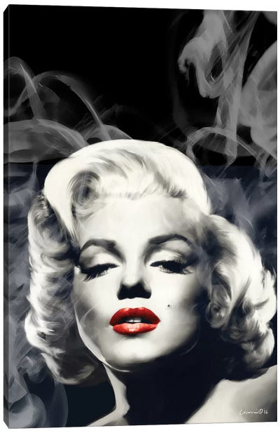 Red Lips Marilyn In Smoke Canvas Art Print - Black, White & Red Art