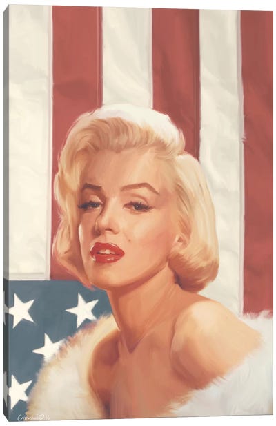 True Blue Marilyn In Flag Canvas Art Print - Marilyn Monroe