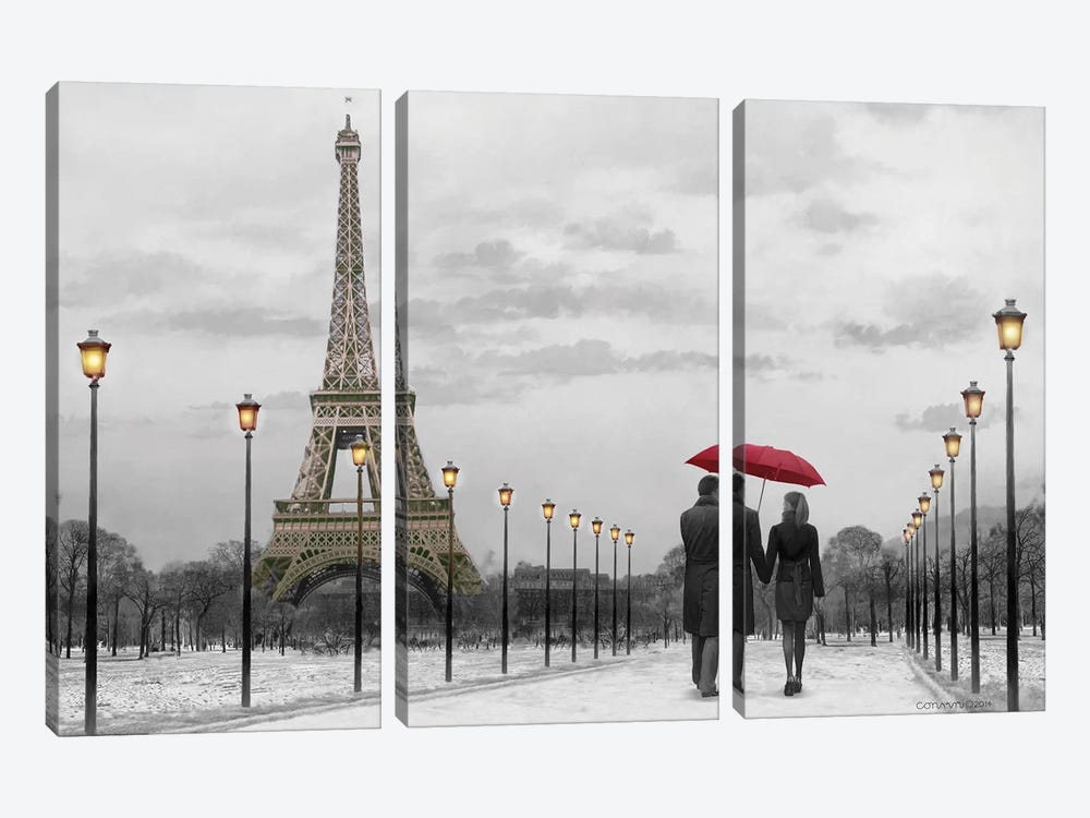 Paris Red Umbrella by Chris Consani 3-piece Canvas Art Print