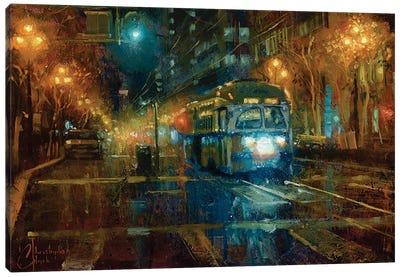 San Francisco Trolley At Night Canvas Art Print - Illuminated Oil Paintings