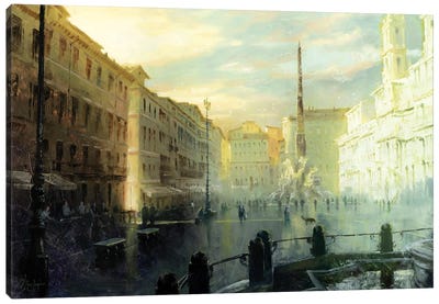Rome - Piazza Navona At Dawn Full Size Canvas Art Print - Fountain Art
