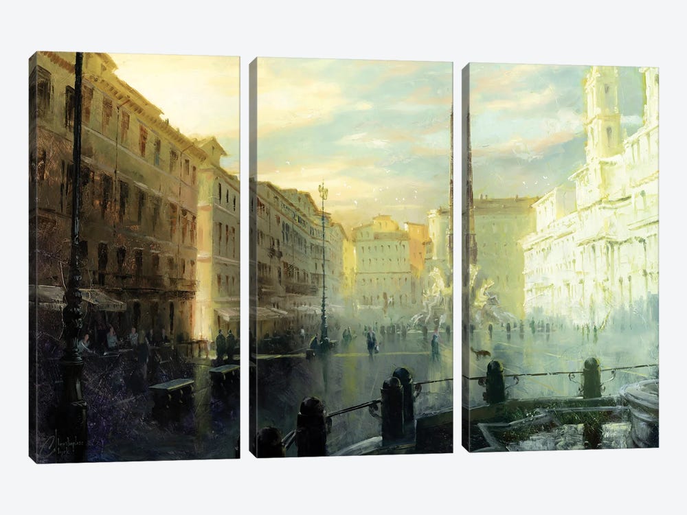 Rome - Piazza Navona At Dawn Full Size by Christopher Clark 3-piece Canvas Artwork