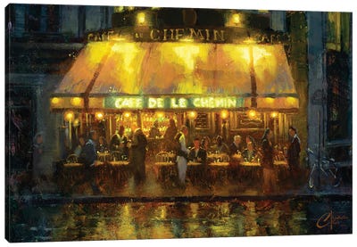 Paris, Cafe De Le Chemin Canvas Art Print - Illuminated Oil Paintings