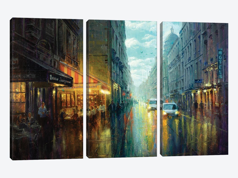 Paris Rainy Cafe, Large by Christopher Clark 3-piece Canvas Art Print