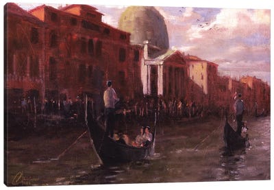 Gondoliers In Venice, Italy Canvas Art Print - Current Day Impressionism Art