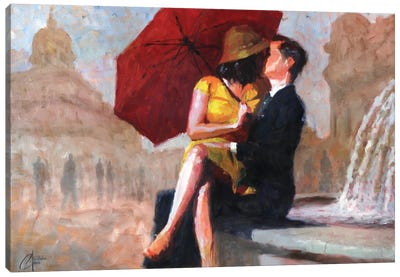 Kiss In The Piazza Canvas Art Print - Umbrella Art