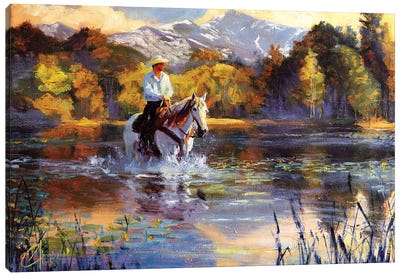 Wading Upsream Canvas Art Print - Cowboy & Cowgirl Art
